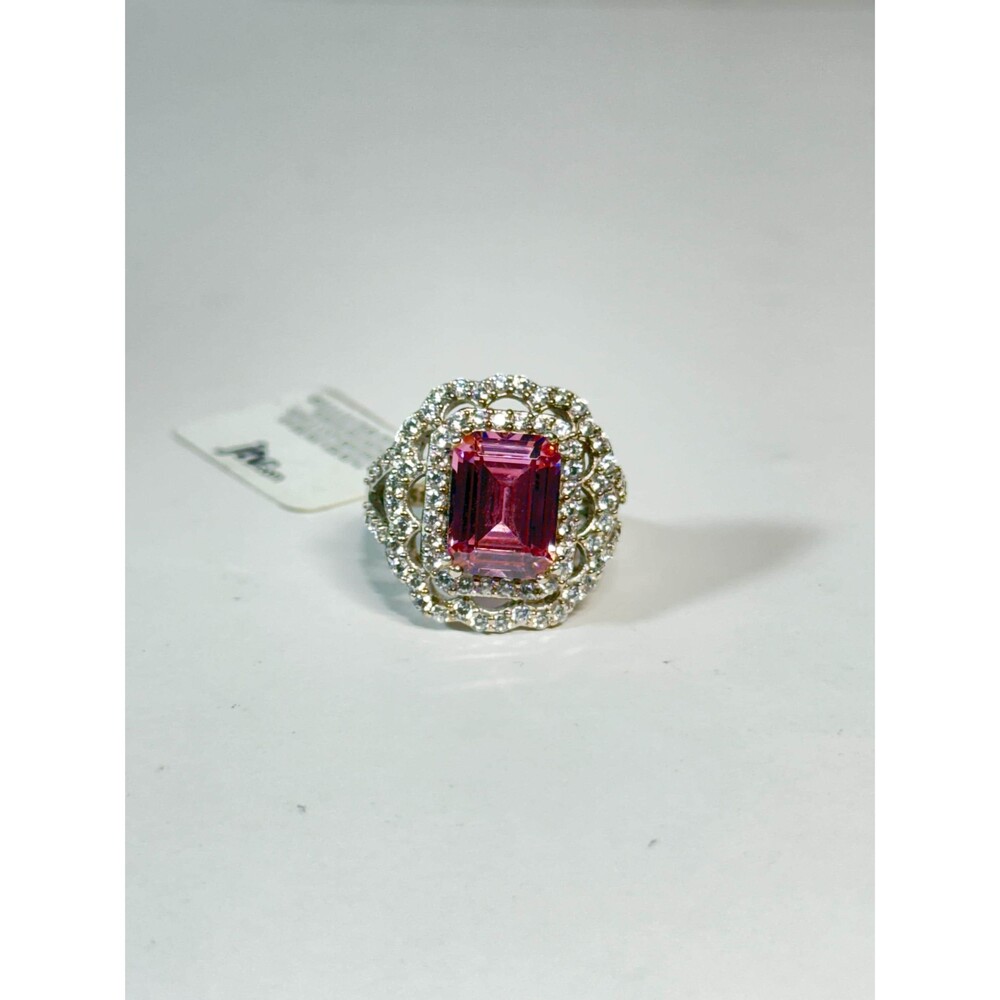 Sterling Silver Bella Luce Pink Diamond Simulant Ring Emerald Cut Halo Statement
